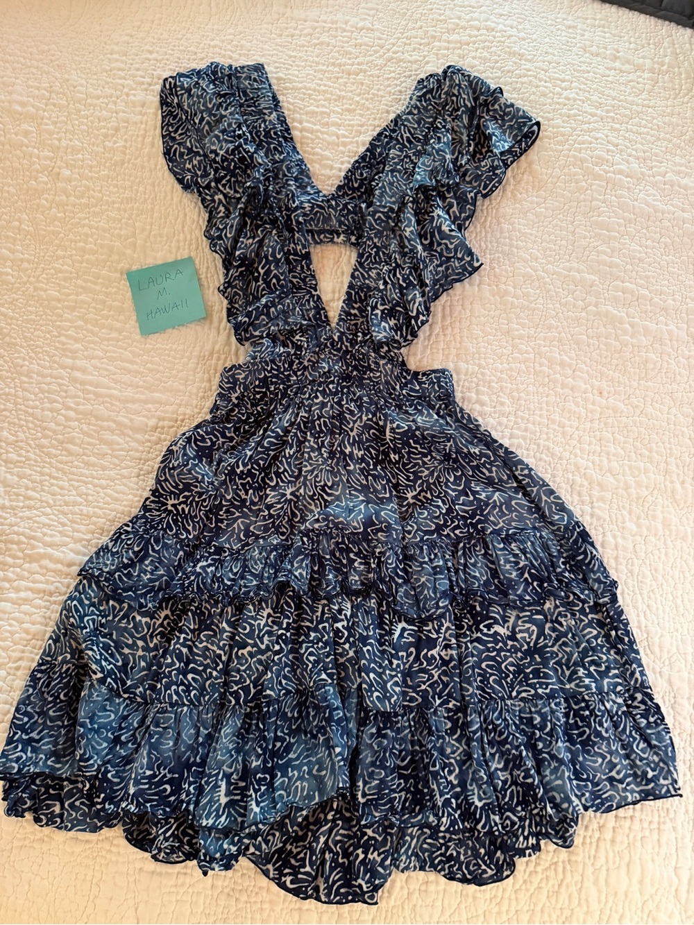Tiare Hawaii Blue Patterned Ruffled V‑Neck Summer Dress